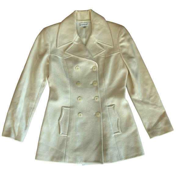 BEBE Classic Wool Ivory Double Breasted Pea Coat Jacket Size 2 - Picture 1 of 7